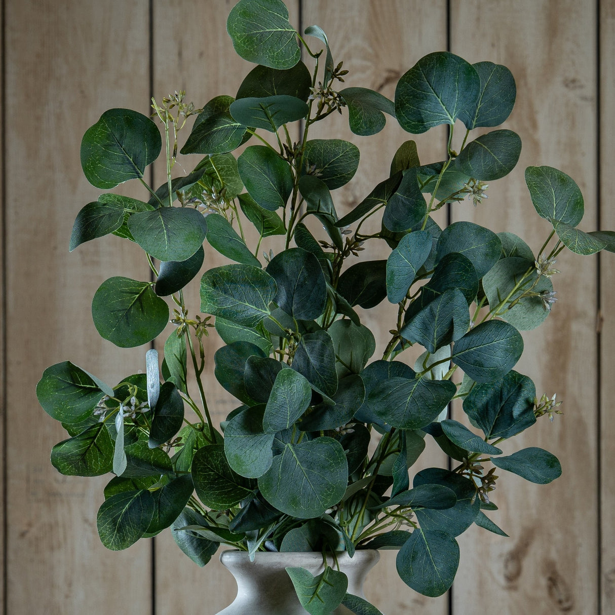 Hill Interiors Eucalyptus Stem Spray with rounded silvery-green plastic leaves on curving branches, arranged in a pale urn vase against wooden panelling.