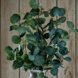 Hill Interiors Eucalyptus Stem Spray with rounded silvery-green plastic leaves on curving branches, arranged in a pale urn vase against wooden panelling.