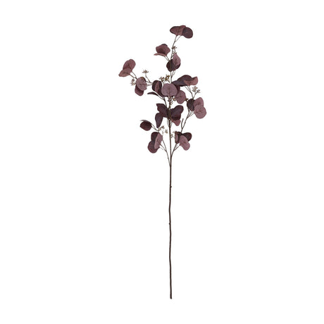 Hill Interiors Burgundy Berried Eucalyptus faux stem with rounded burgundy leaves and small berry clusters on arching branches, shown on a white background.