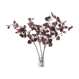 Hill Interiors Burgundy Berried Eucalyptus faux stems with rounded deep red leaves and small berries, arranged in a clear glass vase on a white background.