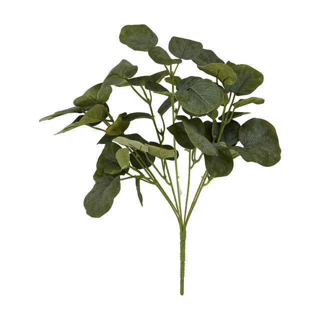 Hill Interiors Short Eucalyptus Bunch, a compact faux plant with rounded green plastic leaves on slender stems, shown against a plain white background.