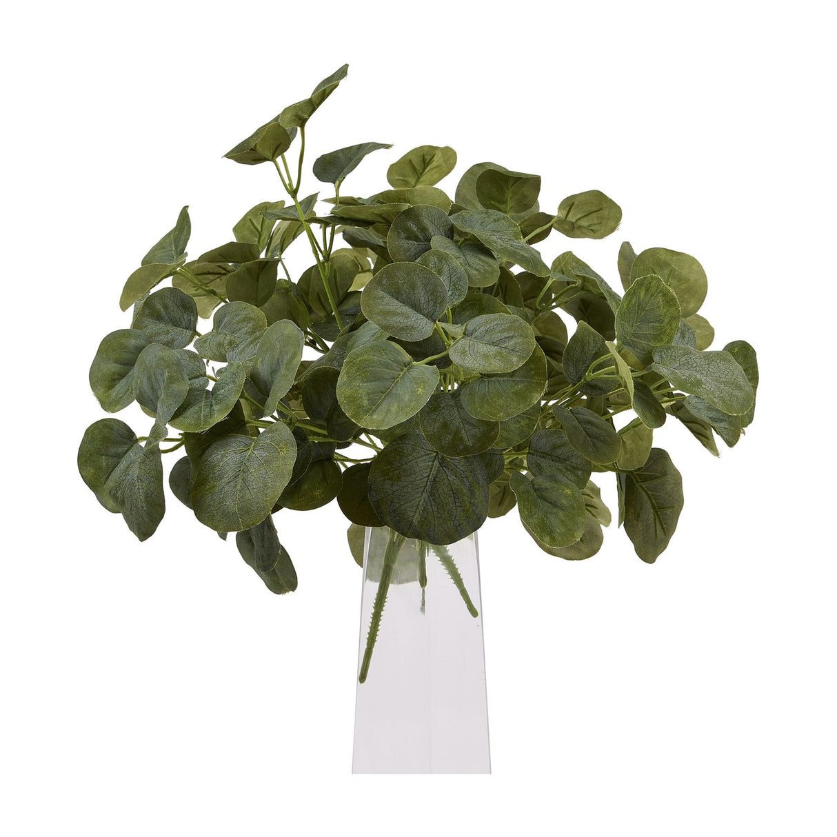 Hill Interiors Short Eucalyptus Bunch, a compact faux plant with rounded silvery-green plastic leaves, displayed in a clear glass vase on a white background.