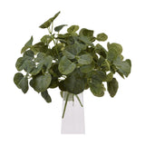 Hill Interiors Short Eucalyptus Bunch, a compact faux plant with rounded silvery-green plastic leaves, displayed in a clear glass vase on a white background.