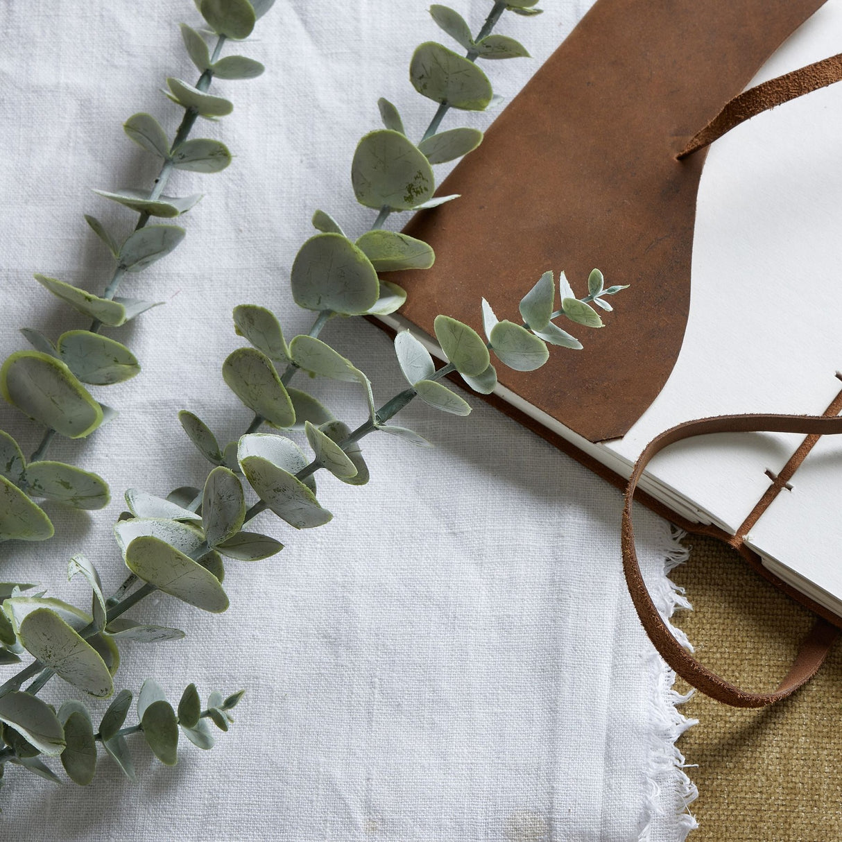 Hill Interiors Gunnii Blue Eucalyptus Spray with rounded silver-green leaves laid across a white linen cloth beside a brown leather-bound journal.