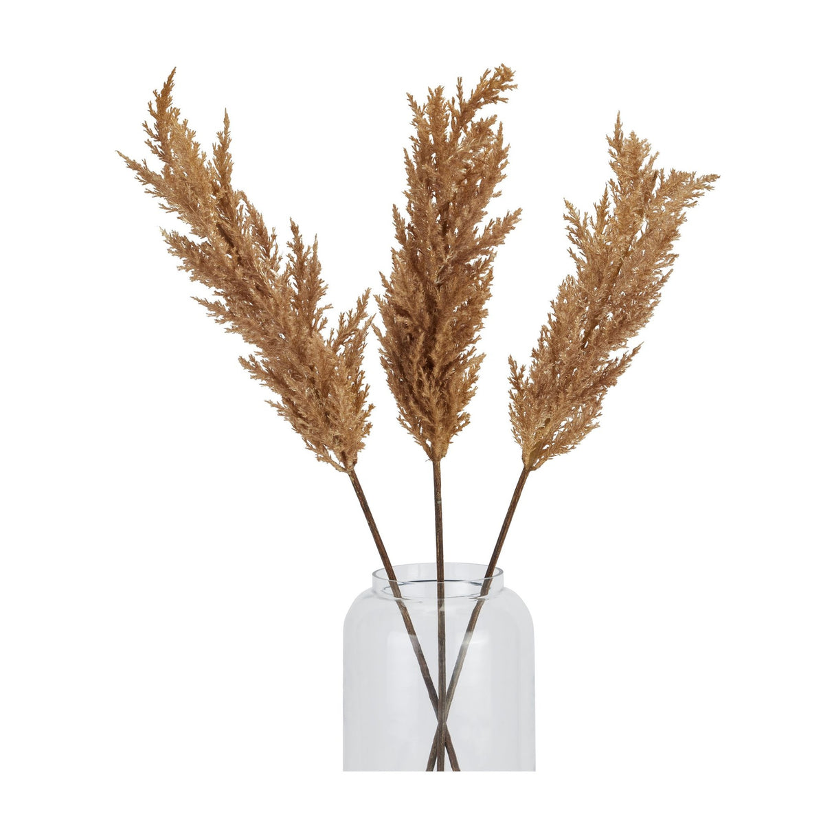 Three Hill Interiors taupe faux dried pampas grass stems with feathery beige plumes arranged in a clear glass vase against a white background.
