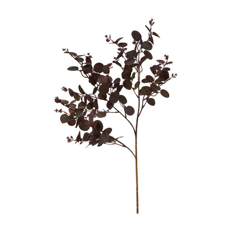 Hill Interiors Burgundy Eucalyptus Bunch, a 75cm faux foliage stem with clusters of small rounded deep red leaves on branching stems, shown on white.