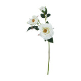 Hill Interiors White Tea Rose faux stem with one open bloom, a smaller rose and a bud among green leaves on a 60cm plastic stem, plain background.