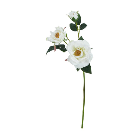 Hill Interiors White Tea Rose faux stem with one open bloom, a smaller rose and a bud among green leaves on a 60cm plastic stem, plain background.