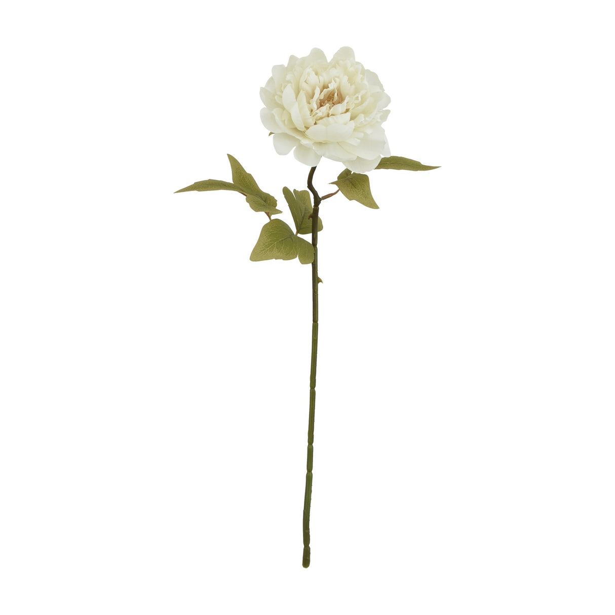 Hill Interiors White Peony faux flower stem with layered plastic petals and green leaves along a tall single stem, shown on a plain white background.