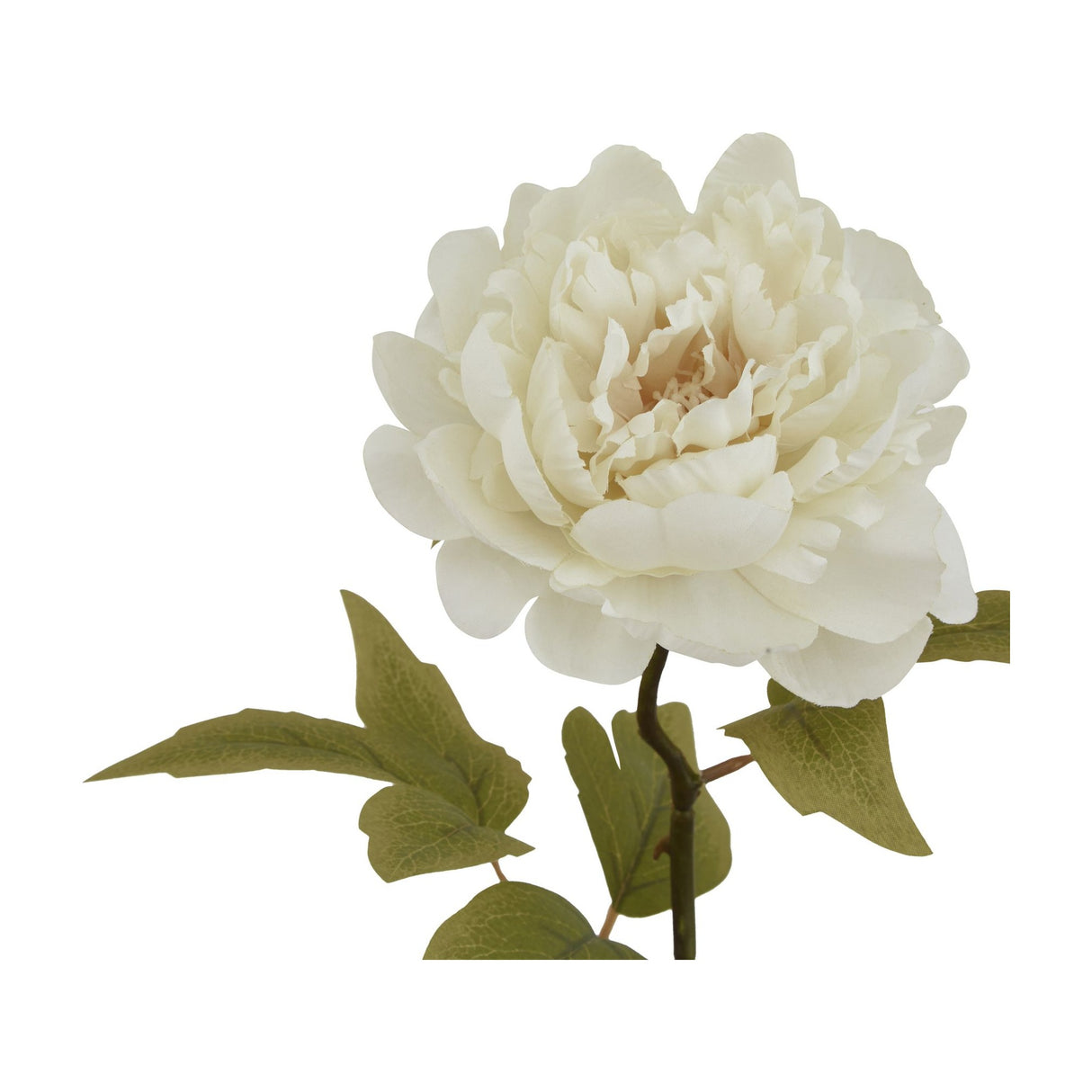 Hill Interiors White Peony faux flower with layered white petals and green leaves on a single stem, shown against a plain white background.