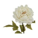 Hill Interiors White Peony faux flower with layered ruffled petals on a single stem with green leaves, shown against a plain white background.