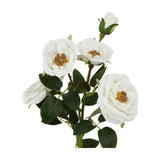 Hill Interiors White Hedge Rose Stem featuring open white blooms with golden centres, a tight bud and green foliage on a plain white background.