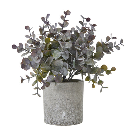 Hill Interiors small eucalyptus cinerea faux plant with rounded muted green leaves on bendy stems, set in a textured grey pot against a white background.