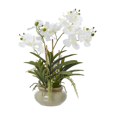 Hill Interiors White Vanda Orchid faux plant with arching white blooms and green leaves in a glazed ceramic pot, shown on a plain white background.