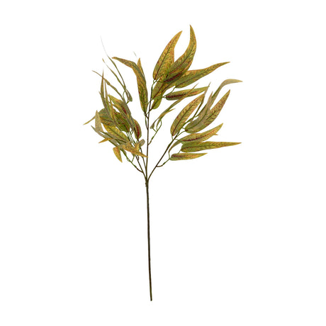 Hill Interiors Variegated Long Leaf Eucalyptus Spray, a 75cm faux foliage stem with slender green leaves and red-tinged veining, on a white background.
