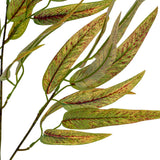 Close-up of Hill Interiors Variegated Long Leaf Eucalyptus Spray showing slender tapered green leaves with red-toned veining on a white background.