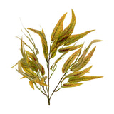 Hill Interiors Variegated Long Leaf Eucalyptus Spray with slender tapered green leaves and red-veined variegation on a wired stem, shown on white.