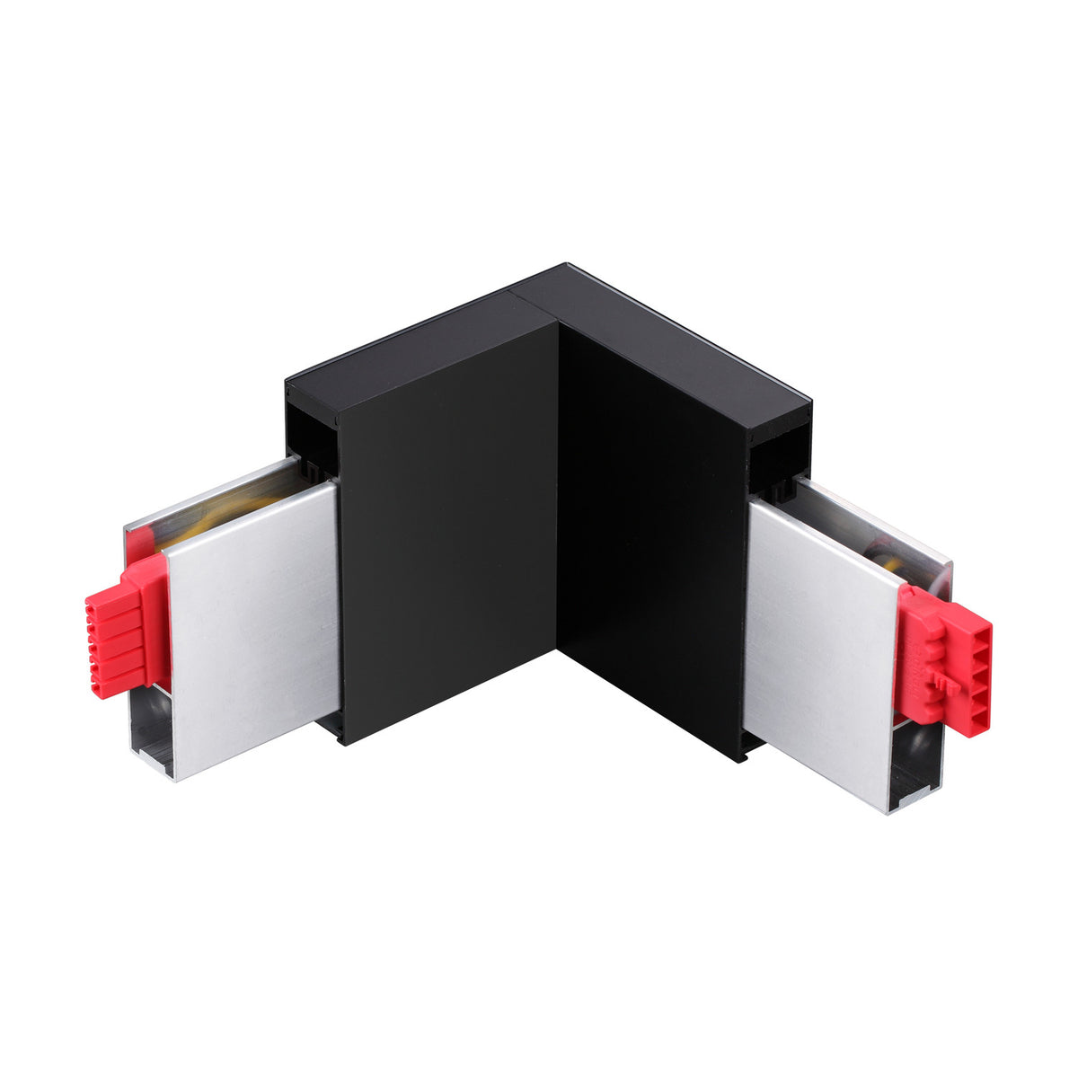 Flux Unlit Corner Connector in black, an L-shaped 90-degree track accessory joining two linear light channels with exposed aluminium ends and red connector plugs, shown on a white background.