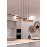 Folcino Smart Colour Changing Pendant Light in bronze and black, two bent aluminium and steel arms suspended on thin wires with a black ceiling canopy, shown above a kitchen island.
