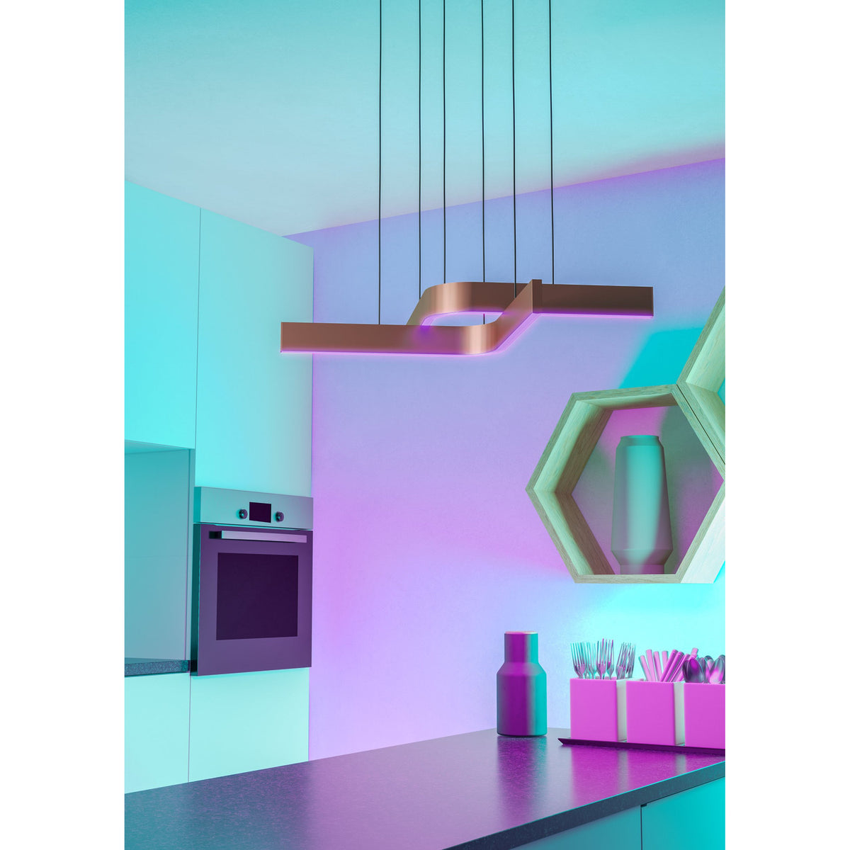 Folcino Smart Colour Changing Pendant Light in bronze and black, angular aluminium arms with purple-pink LED glow, suspended on thin wires above a kitchen island.