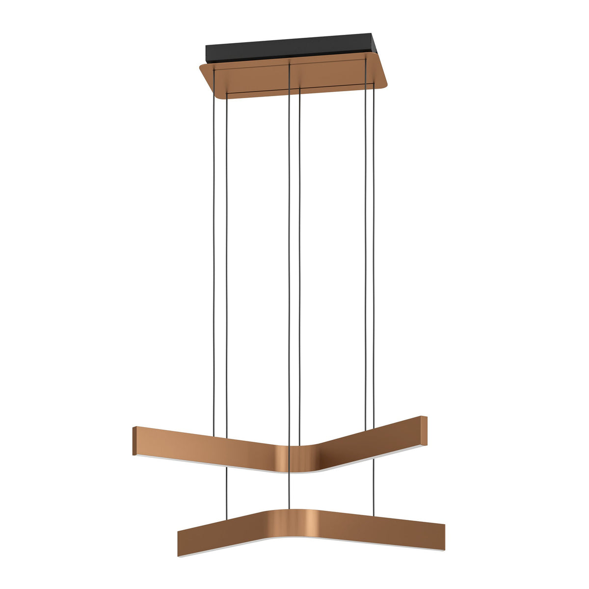 Folcino Smart Colour Changing Pendant Light in bronze and black, with two angled aluminium and steel arms suspended on wires from a slim ceiling canopy.
