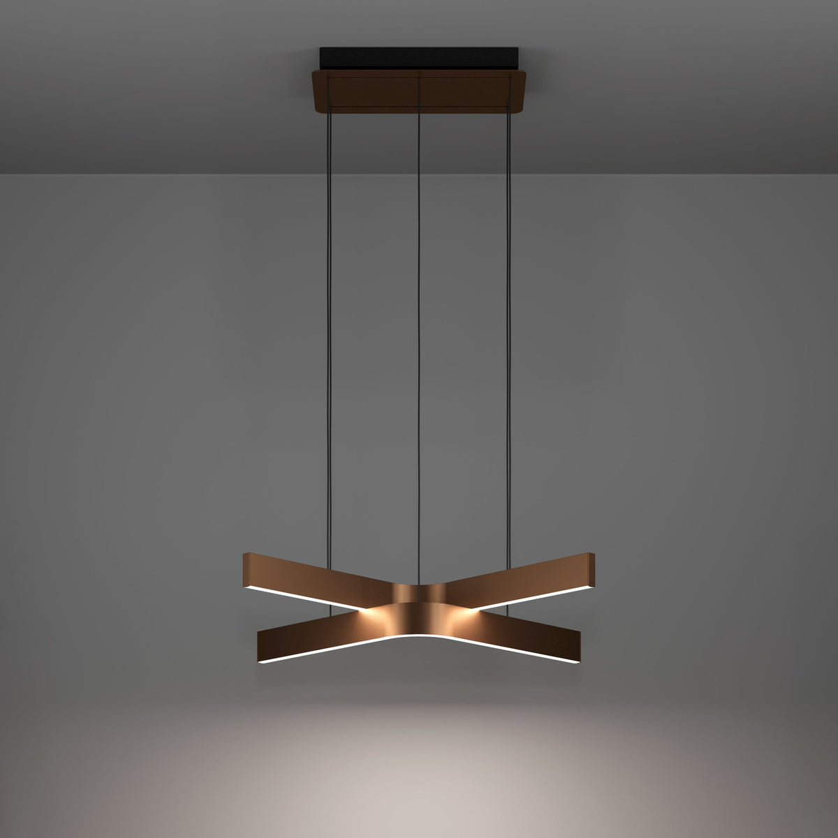 Folcino Smart Colour Changing Pendant Light in bronze and black, X-shaped crossed aluminium arms on thin black cables from a slim ceiling canopy, shown against a plain grey background.