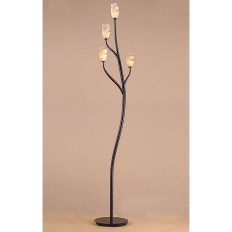 The Forest 4 Light Floor Lamp in Brown & Black Oxide features a dark metal base branching into four curved arms, each with an amber frosted glass flower bud shade, shown against a plain beige background.