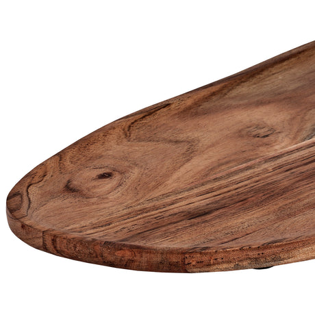 Close-up of the Forleyet acacia decorative bowl, showing its shallow oval shape, low rim, and natural wood grain with visible knots, on a white background.