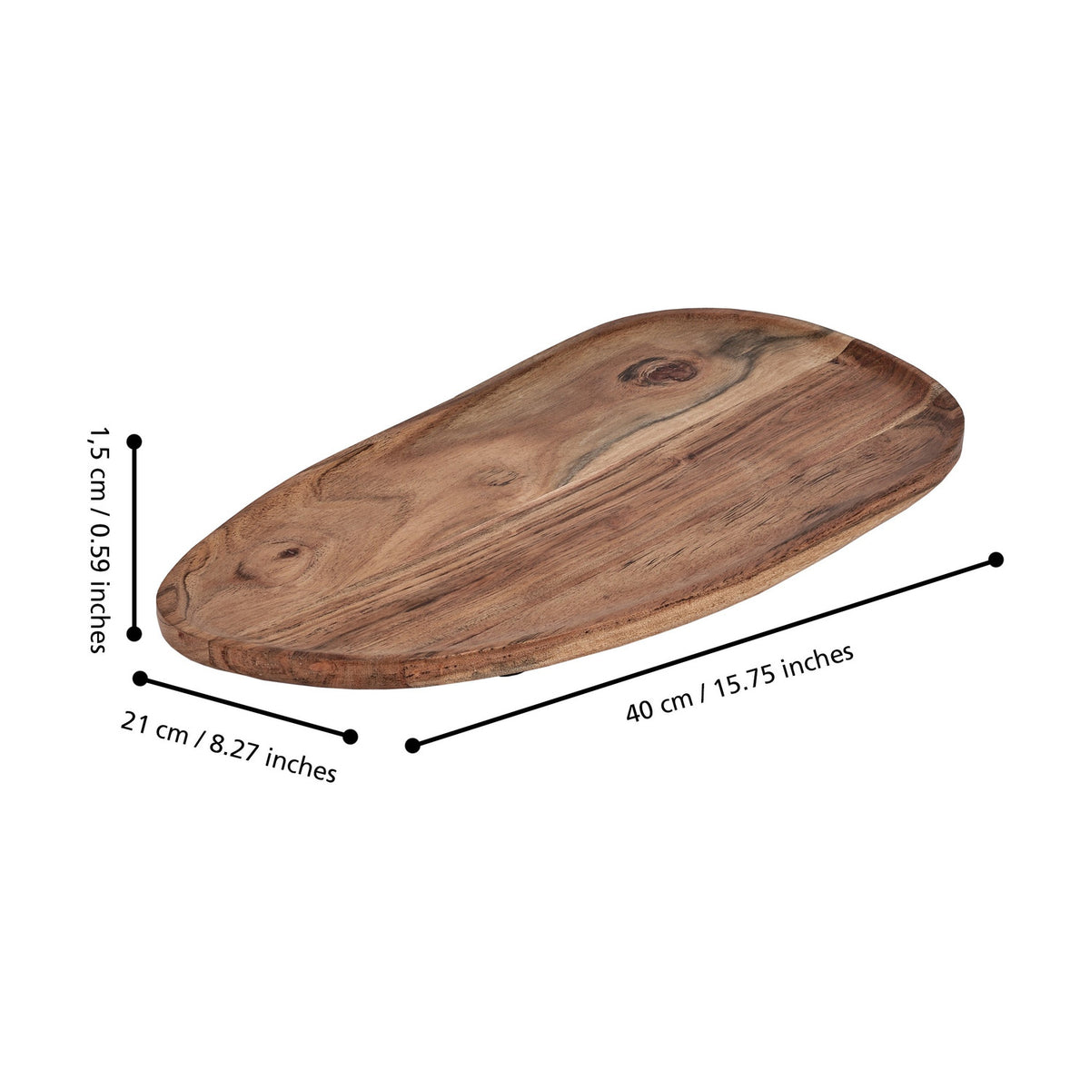 Forleyet acacia decorative bowl shown at an angle on a white background, a shallow irregular oval wooden tray with low rim, natural finish, labelled 40cm long, 21cm wide and 1.5cm high.