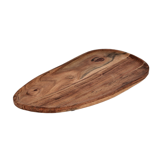 Forleyet Acacia Decorative Bowl, a shallow oval tray with a low rim in natural acacia wood showing warm brown grain and darker streaks, on a plain white background.