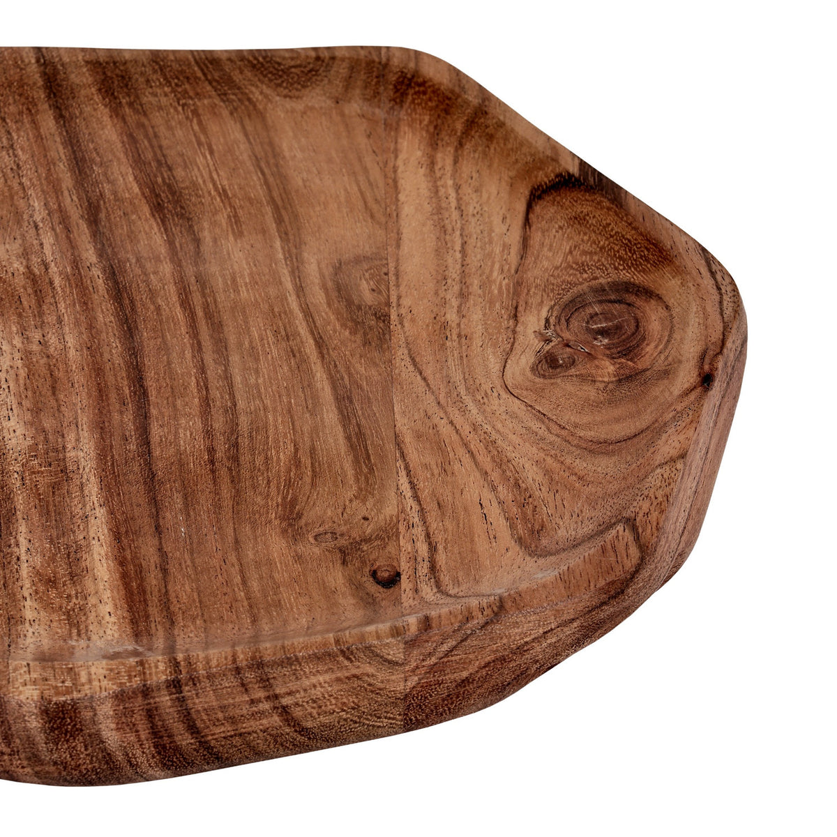 Close-up of the Forleyet Acacia Decorative Bowl, 20cm, showing natural wood grain, knots, and a shallow carved interior with an irregular, faceted rim.