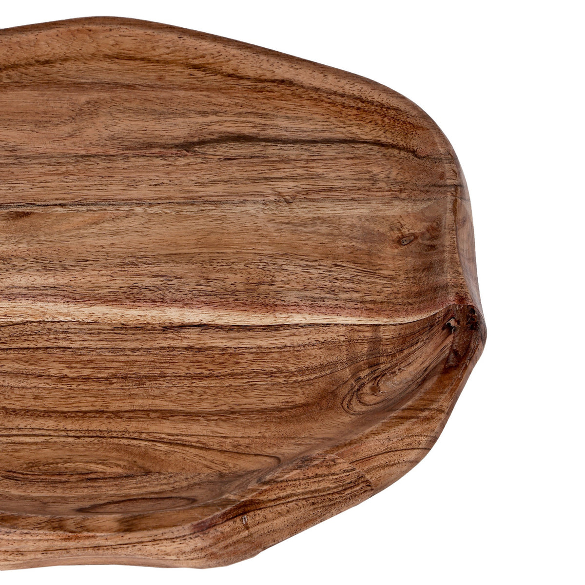 Forleyet acacia decorative bowl, 30cm, shallow tray-like shape with an irregular undulating rim, natural wood grain finish, shown close-up on a white background.