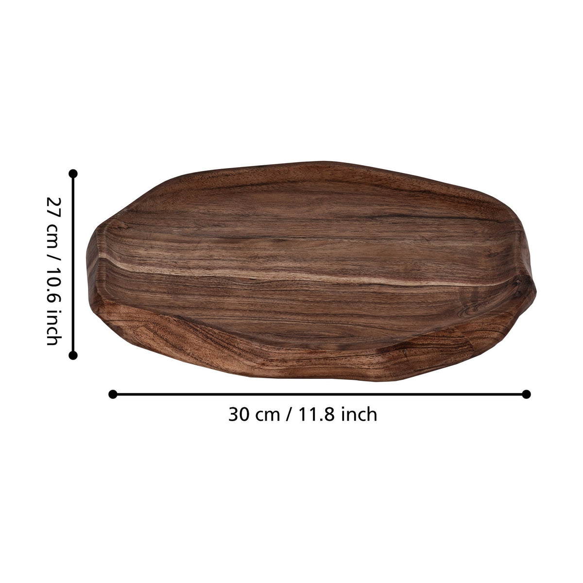 Forleyet Acacia Decorative Bowl 30cm in natural wood finish, shallow oval tray shape with irregular undulating rim, shown from above with dimensions 30cm x 27cm on a white background.