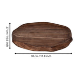 Forleyet Acacia Decorative Bowl 30cm in natural wood finish, shallow oval tray shape with irregular undulating rim, shown from above with dimensions 30cm x 27cm on a white background.