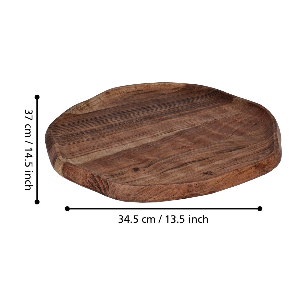 Forleyet Acacia Decorative Bowl 37cm in natural wood with visible grain, an organic shallow shape with a wavy low rim, shown with dimensions on a white background.