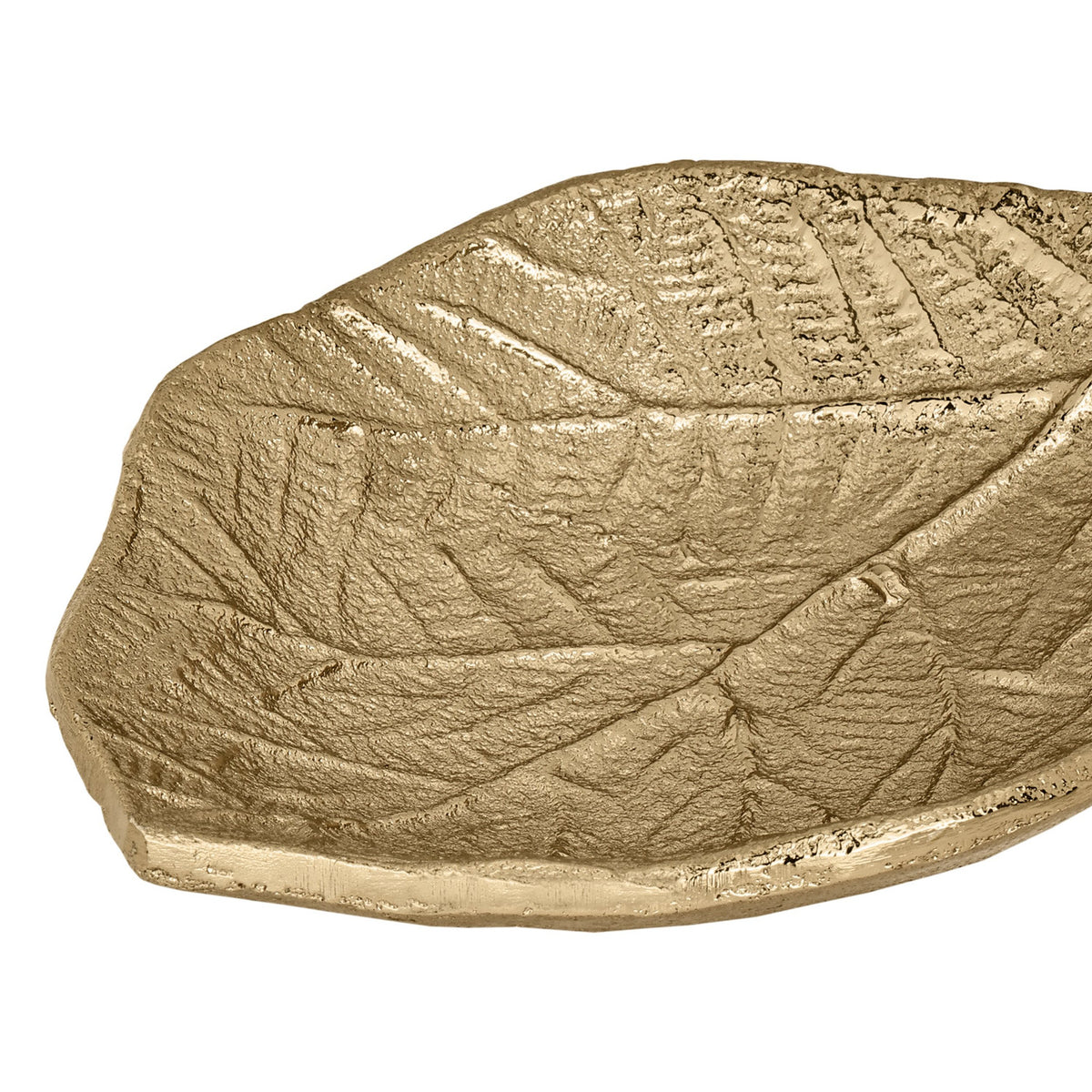 Close-up of the Forleyet Decorative Bowl in gold, a leaf-shaped aluminium dish with raised veins and a textured, pitted surface, shown on a plain white background.