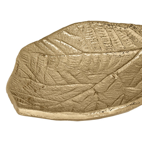 Close-up of the Forleyet Decorative Bowl in gold, a leaf-shaped aluminium dish with raised veins and a textured, pitted surface, shown on a plain white background.