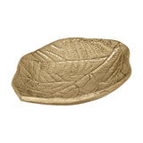 Forleyet Decorative Bowl in gold aluminium, shaped like a leaf with raised veins and a textured, pitted surface, shown on a plain white background.