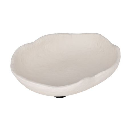 Forleyet Decorative Bowl 3cm in beige, a shallow oval dish with a textured surface and wavy organic rim, raised on a small dark foot, shown on a plain white background.