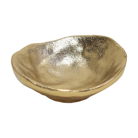 Forleyet Decorative Bowl 3cm in Gold, a small shallow aluminium dish with an irregular rim and dimpled textured surface, shown on a plain white background.