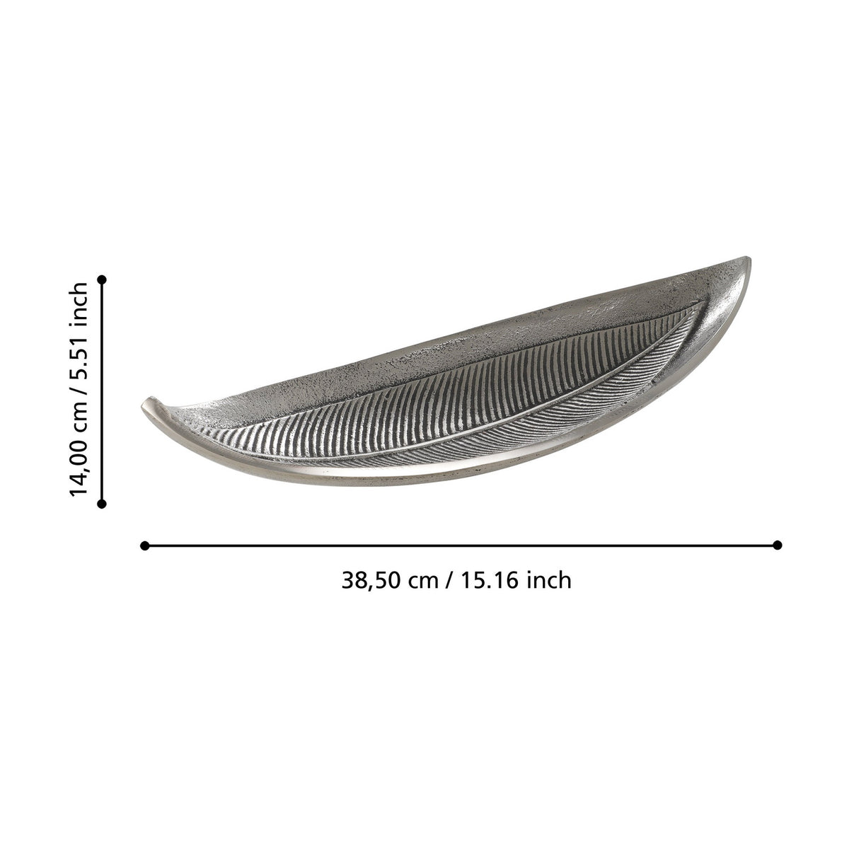 Forleyet Decorative Bowl in antique nickel aluminium, shaped like a long leaf with embossed vein and rib details, shown with dimensions 38.5cm long and 14cm wide on a white background.