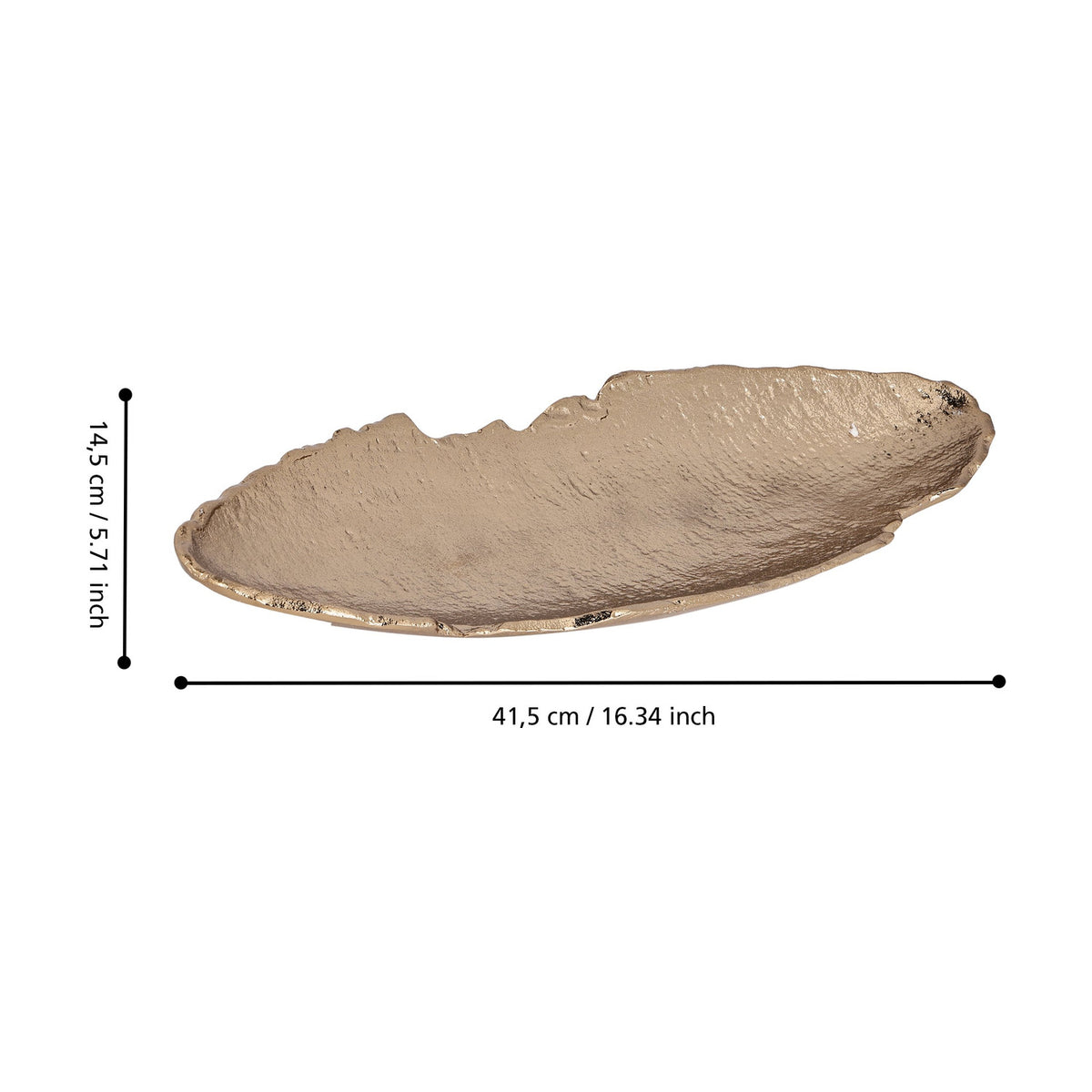 Forleyet decorative bowl, 41.5cm elongated oval in textured gold aluminium with a torn-edge rim, shown with dimension lines on a white background.