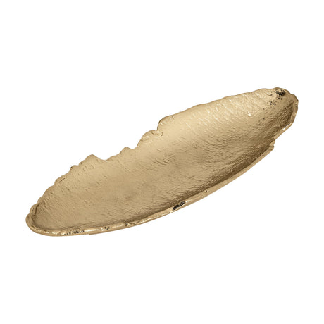 Forleyet Decorative Bowl 41.5cm in gold aluminium, a long shallow oval with hammered texture and an irregular torn-edge rim, shown on a white background.