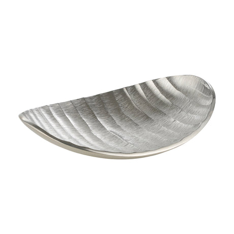 Forleyet Decorative Bowl in nickel-finished aluminium, shell-shaped with fanning ribbed texture and smooth bright rim, shown on a plain white background.