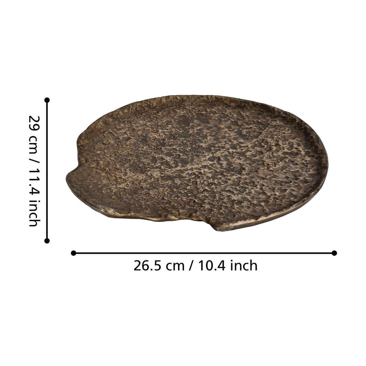 Forleyet Decorative Bowl in antique brass aluminium with a hammered, rippled texture, irregular round shape and low flat rim, shown with dimensions 29 x 26.5 x 1cm on a white background.