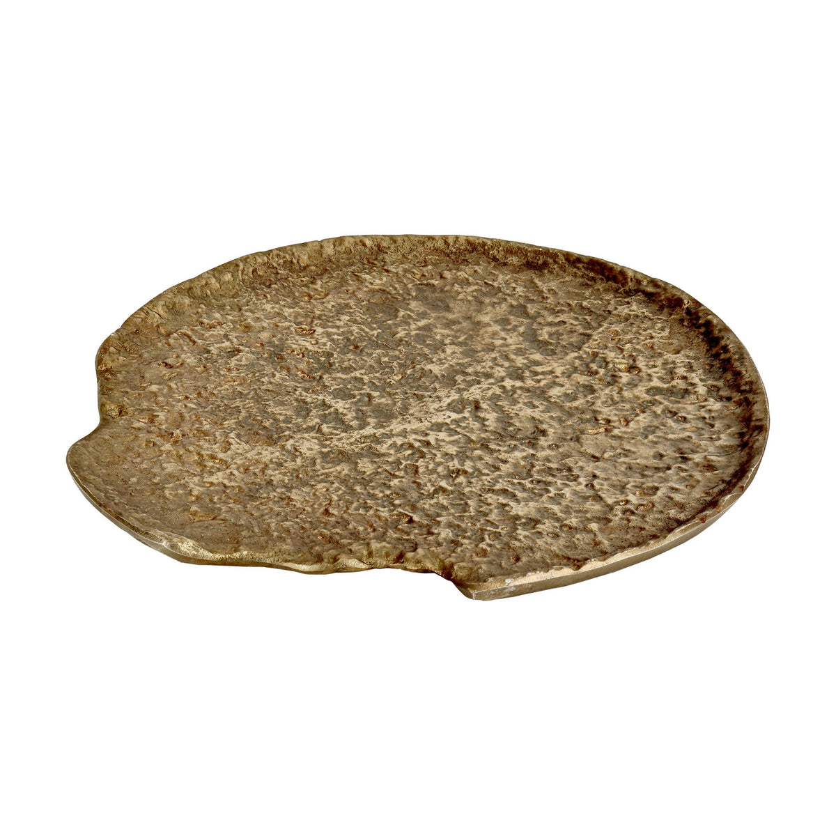 Forleyet Decorative Bowl in antique brass aluminium, shallow and flat with a hammered, textured surface and irregular round outline, shown on a plain white background.
