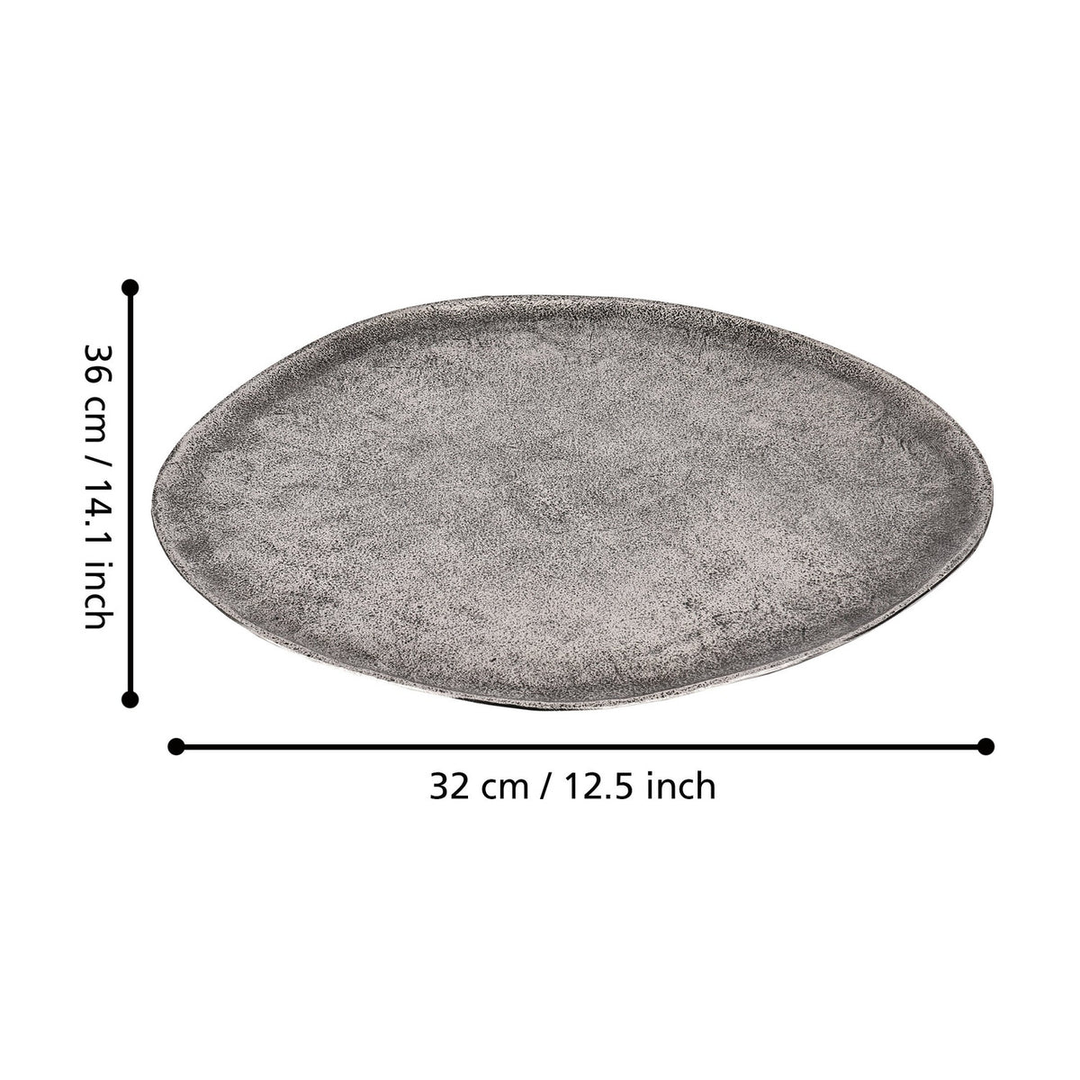 Forleyet shallow oval decorative bowl in antique nickel aluminium with speckled pewter-grey texture, measuring 36 x 32cm, shown on a plain white background.