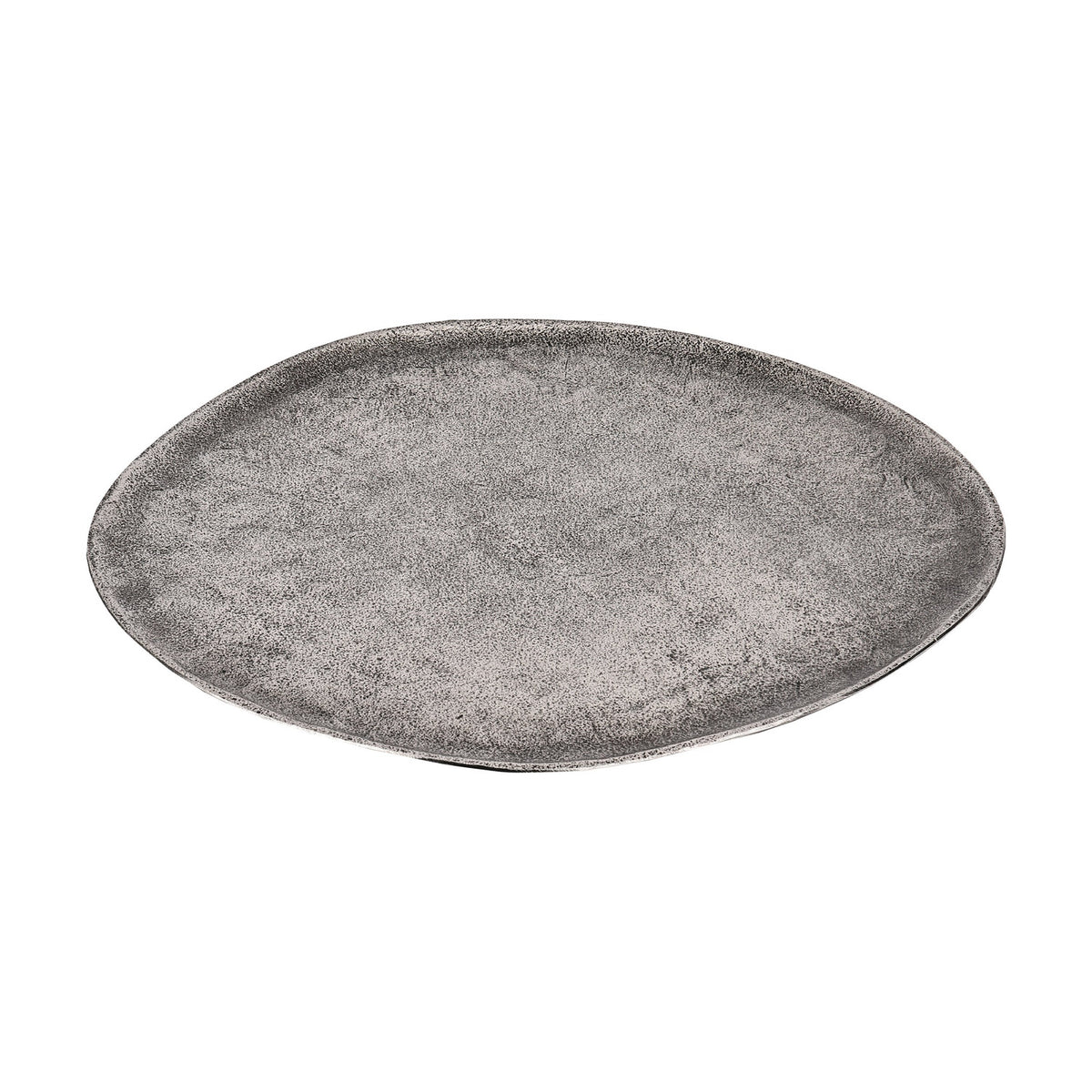 Forleyet shallow oval decorative bowl in aluminium with antique nickel finish, speckled pewter-grey surface and slightly raised uneven rim, shown on a plain white background.