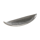 Forleyet Decorative Bowl, a long leaf-shaped dish in antique nickel aluminium with an embossed central vein, textured surface, and upturned rim, shown on a white background.