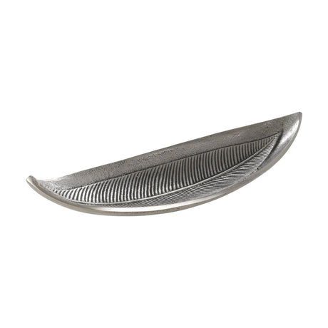 Forleyet Decorative Bowl, a long leaf-shaped dish in antique nickel aluminium with an embossed central vein, textured surface, and upturned rim, shown on a white background.